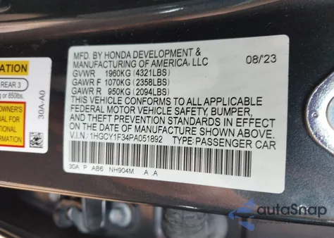 2023 Honda Accord Ex from USA, damaged, VIN 1HGCY1F34PA051892